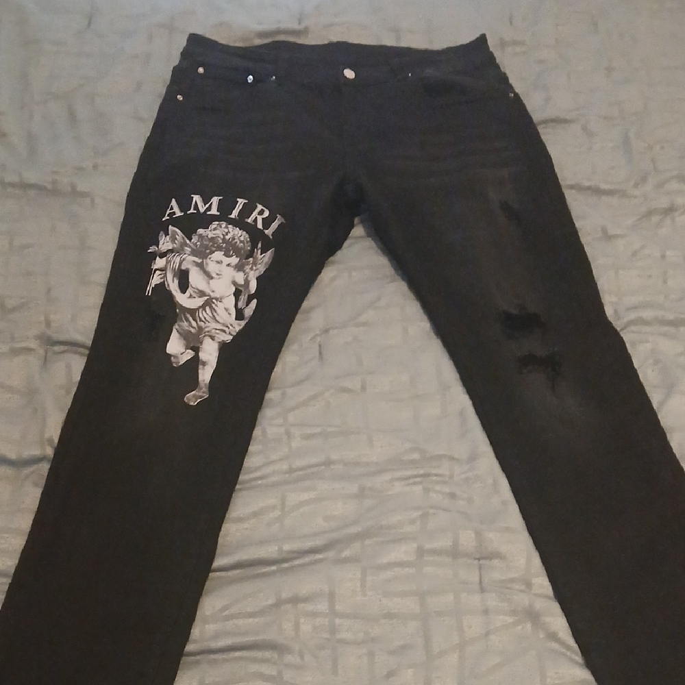 AMIRI Black Jeans with White Cherub Graphic